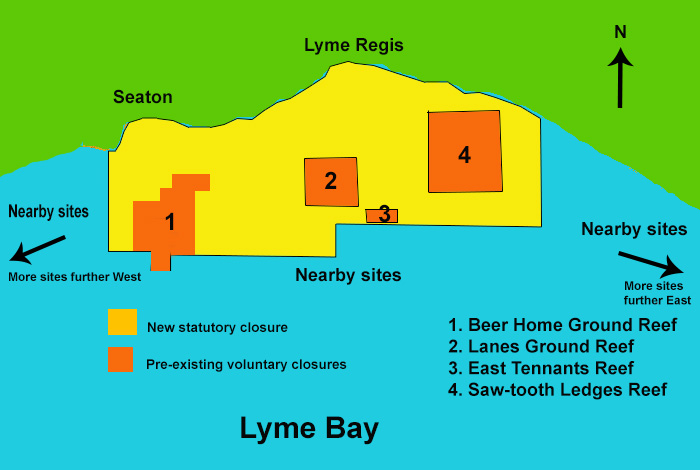 Diagram showing the location of the three different 'treatments', 1. the New Statutory Closure, 2. the Pre-existing Voluntary Closures and 3. the still-fished Nearby Sites.
